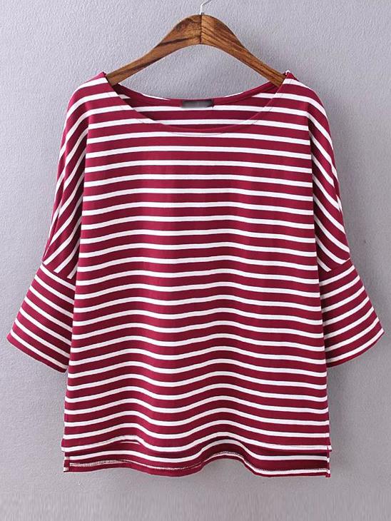 Shein Burgundy Stripped Split Dip Hem T-shirt