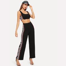 Shein Contrast Gingham Side Crop Top & Pants Set