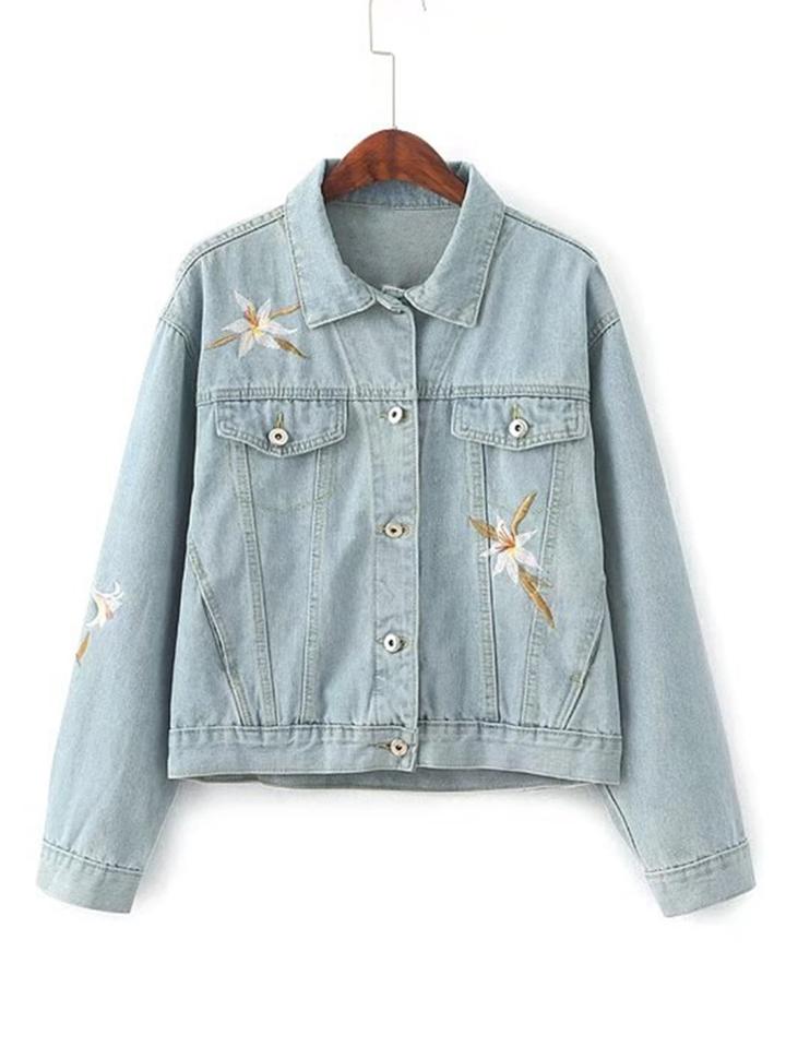 Shein Flower Embroidery Button Up Denim Jacket