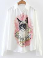 Shein White Cat Print Single Breasted Blouse