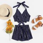 Shein Knot Back Striped Halter Top With Shorts
