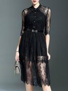 Shein Black Belted Sheer Lace Dress