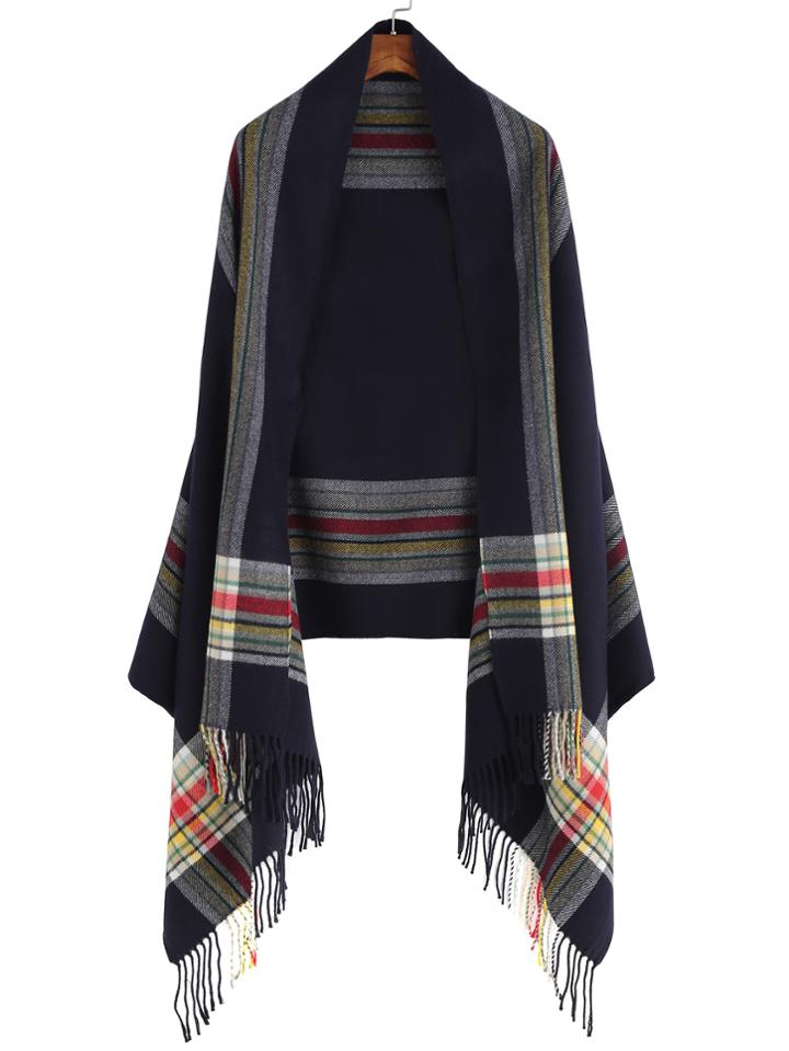 Shein Navy Tone Colored Stripe Long Fringe Shawl Scarf