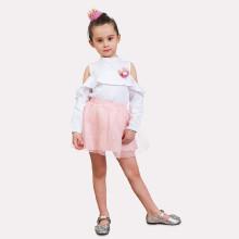 Shein Girls Flower Decoration Open Shoulder Tee With Mesh Skirt