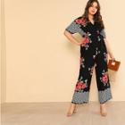 Shein Plus Floral Print Deep V Tie Waist Jumpsuit