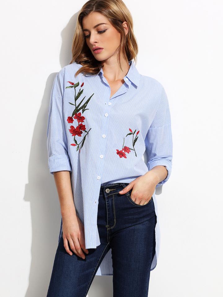 Shein Pinstrip Embroidery Dip Hem Split Side Shirt