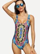 Shein Multicolor Abstract Print Lace-up One-piece Swimwear