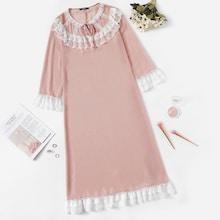 Shein Tie Neck Eyelash Lace Trim Night Dress