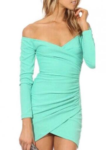 Rosewe Off The Shoulder Ruched Asymmetric Turquoise Dress