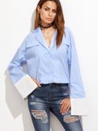 Shein Blue Vertical Striped Flap Front Contrast Cuff Blouse