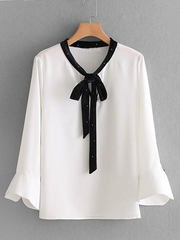 Shein Contrast Tie Neck Flounce Sleeve Blouse