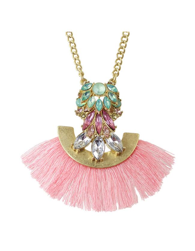 Shein Pink Rhinestone Tassel Long Necklace