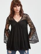 Shein Black V Neck Bell Sleeve Contrast Lace Blouse