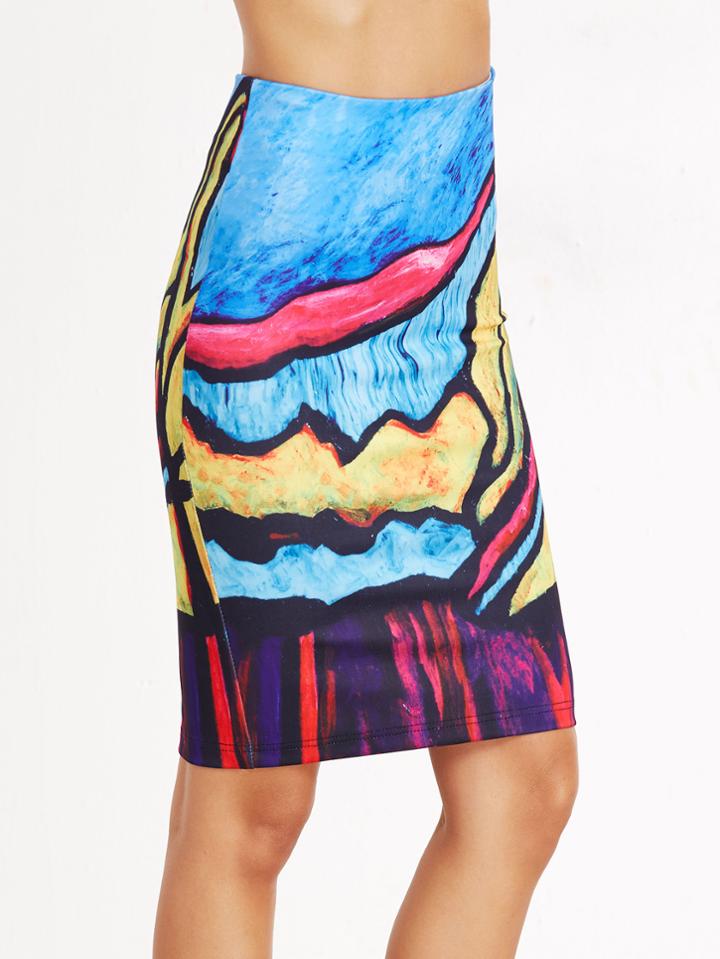 Shein Oil Painting Print Slit Back Pencil Skirt