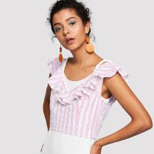 Shein Ruffle Neckline Striped Crop Top