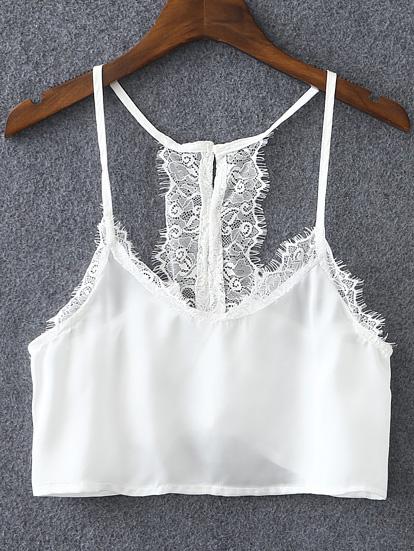 Shein White Buttons Back Lace Splicing Spaghetti Strap Camis Top