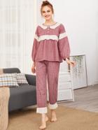 Shein Contrast Lace Grid Print Top & Pants Pj Set