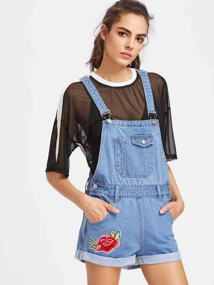 Shein Embroidered Applique Cuffed Denim Short Dungaree