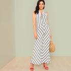 Shein Open Back Wide Leg Striped Halter Jumpsuit