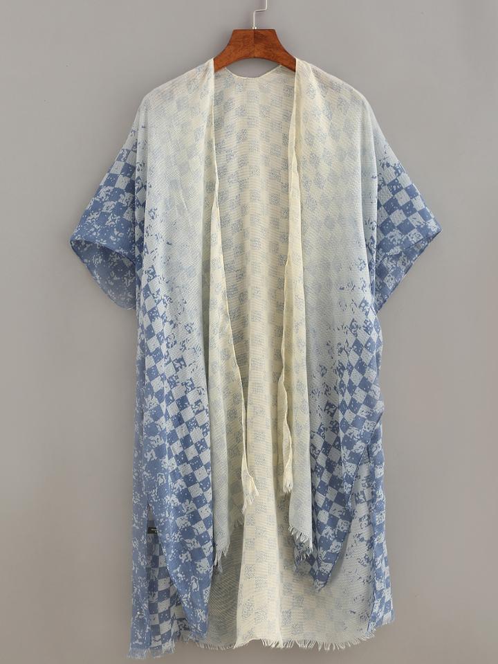 Shein Ombre Checkerboard Print Open-front Blouse