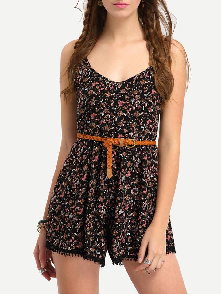 Shein Floral Print Pom Pom Trimmed Cami Romper