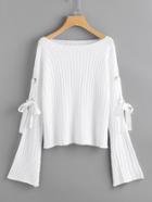 Shein Eyelet Lace Up Fluted Sleeve Ribbed Jumper