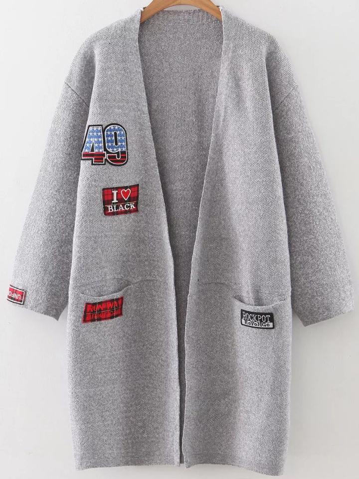 Shein Grey Patch Collarless Cardigan With Pockets