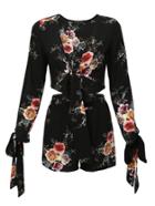Shein Black Floral Print Bow Tie Blouse With Shorts