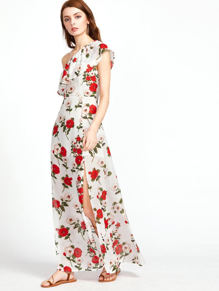 Shein Allover Flower Print Ruffle One Shoulder M-slit Dress