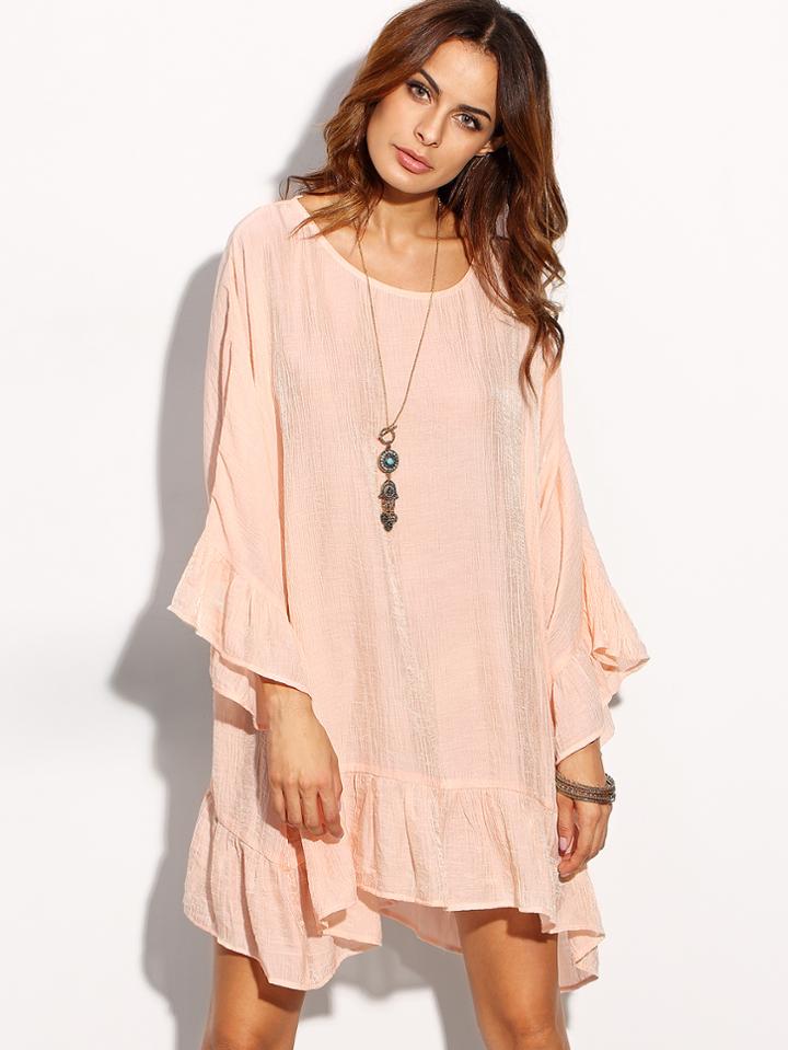 Shein Pink Long Sleeve Ruffle Hem Shift Dress