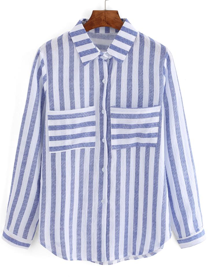Shein Blue White Vertical Stripe Pockets Blouse