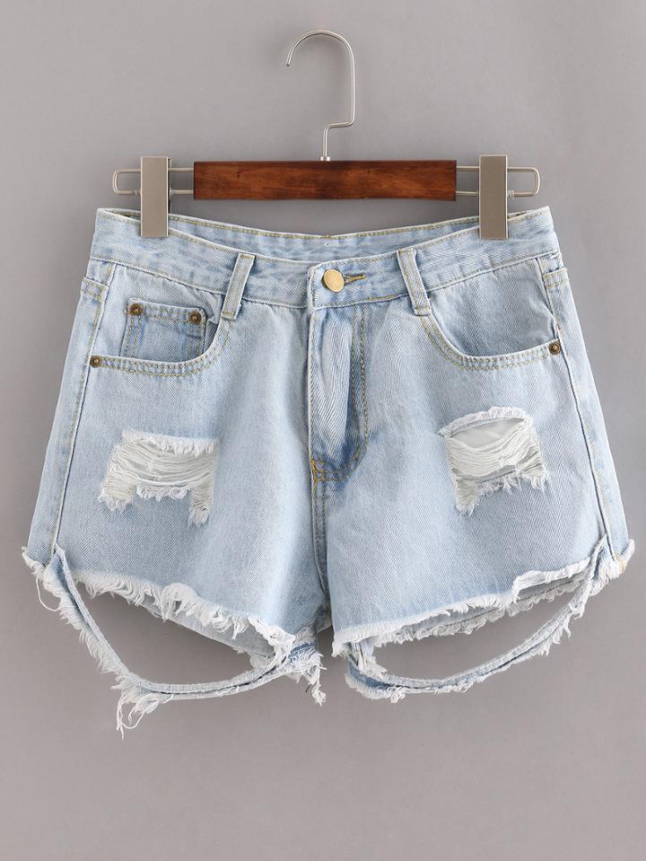 Shein Ripped Raw Hem Denim Shorts - Light Blue