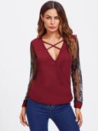 Shein Lace Panel Sleeve Criss Cross Surplice Blouse