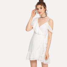 Shein Layered Flounce Trim Tie Waist Surplice Wrap Dress