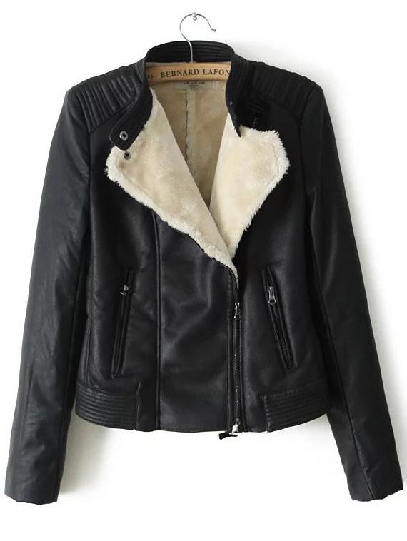 Shein Black Oblique Zipper Pu Jacket With Faux Shearling Lining