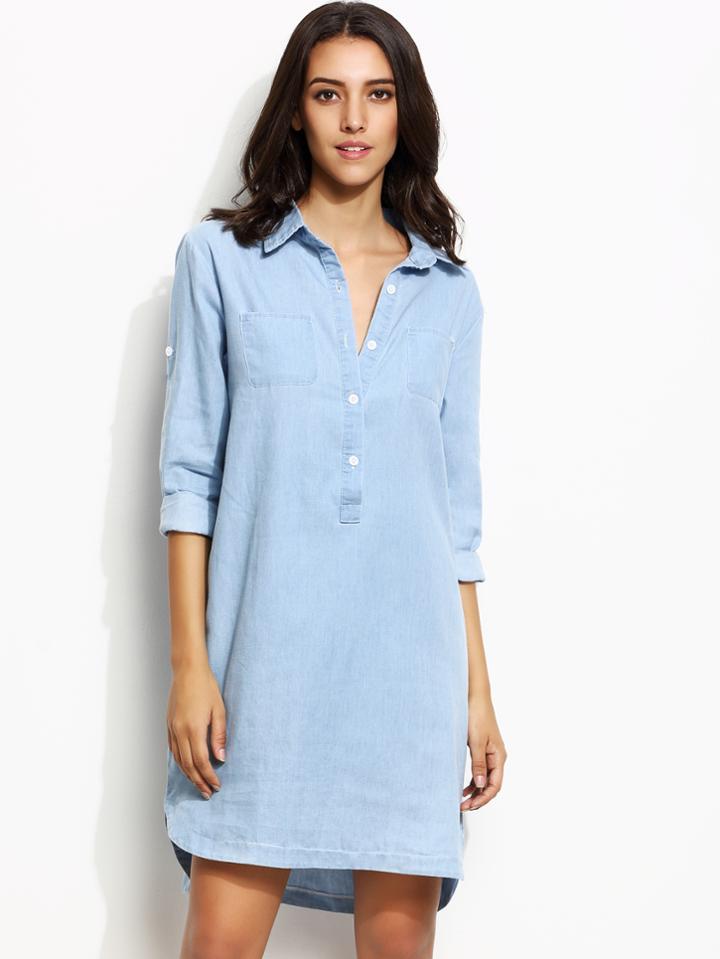 Shein Blue Roll Tab Sleeve High Low Denim Shirt Dress