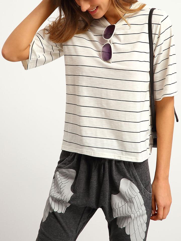 Shein White Striped Split Side T-shirt