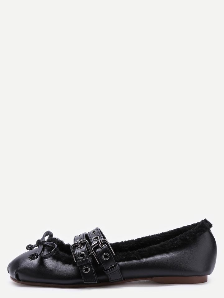Shein Black Faux Leather Buckle Strap Knotted Fur Lined  Ballet Shoes