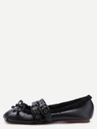 Shein Black Faux Leather Buckle Strap Knotted Fur Lined  Ballet Shoes