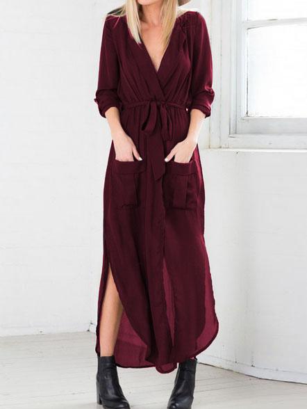 Shein Red Oxblood Surplice Deep V Neck Self-tie Elegantly Pockets Chiffon Dress Slutty Longsleeve Kaftan