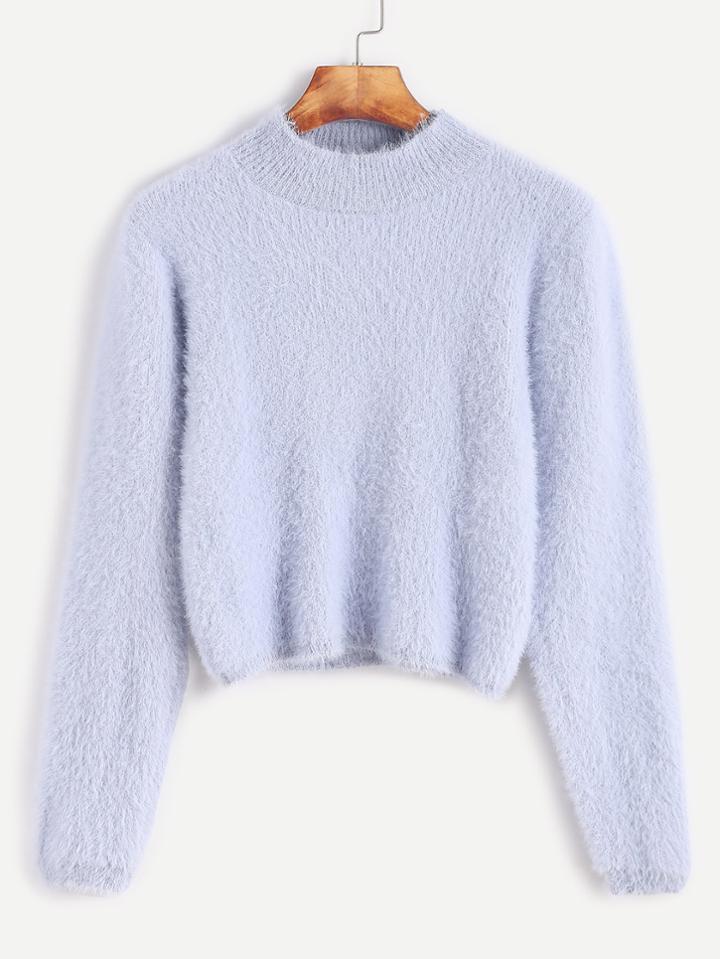 Shein Pale Blue Crew Neck Crop Fuzzy Sweater
