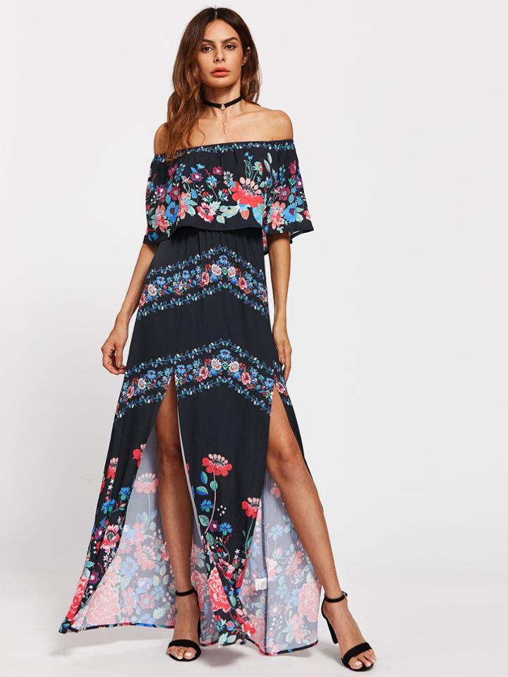 Shein Flounce Off Shoulder M-slit Botanical Dress