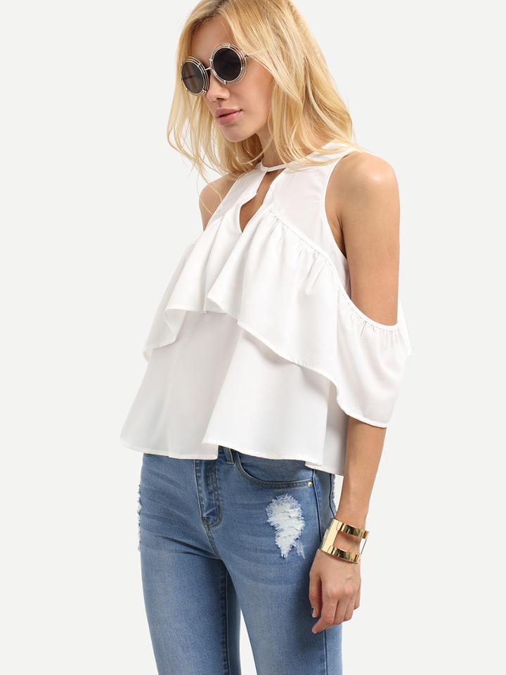Shein White Cold Shoulder Ruffle Cutout Blouse