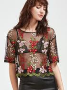 Shein Black Crochet Trim Flower Embroidered Mesh Top