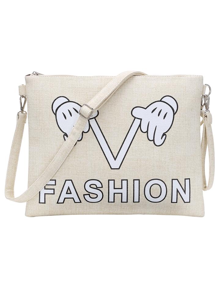 Shein Off White Printed Flat Clutch With Strap