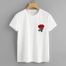 Shein Floral Embroidered Pocket Patched Tee