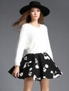 Shein White V Neck Batwing Sweater With Black Skirt