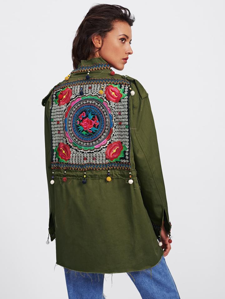 Shein Beading Pom Pom Detail Raw Edge Military Jacket