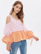 Shein Open Shoulder Puff Sleeve Mixed Gingham Peplum Top
