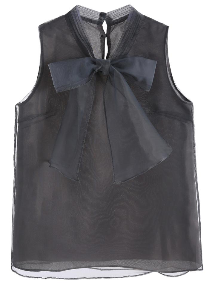 Shein Grey Bow Button Back Sleeveless Organza Blouse